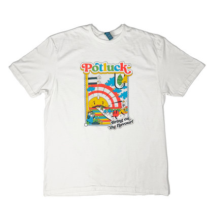 White Potluck T-shirt with colorful graphic and text Bring on the flavour