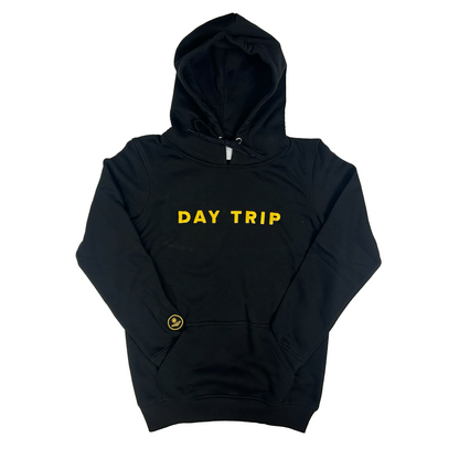 Station House black hoodie sweater with yellow Day Trip text and front pocket