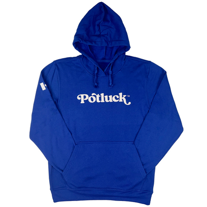 Potluck Hoodie | Blueberry Tart in vibrant blue with white logo and front pouch pocket
